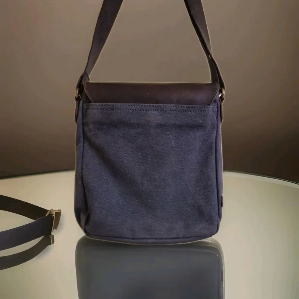 Mens Minimalist North South Crossbody Bag Nash Navy Canvas Brown Leather